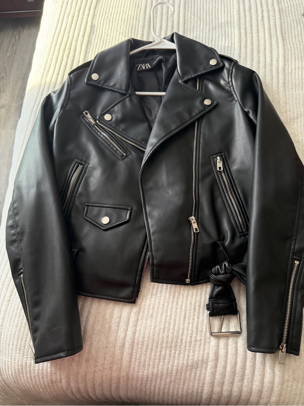 Zara Black Faux Leather Biker Jacket with Belt